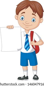 Cartoon school boy in uniform holding blank paper