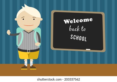 Cartoon school boy vector background. Back to school illustration.