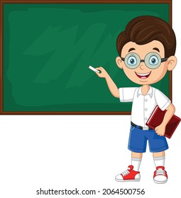 Cartoon school boy writing on the blackboard
