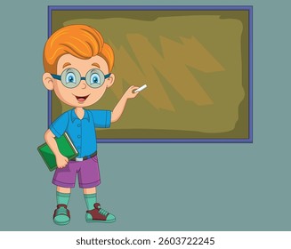 Cartoon school boy writing on the blackboard vector illustration