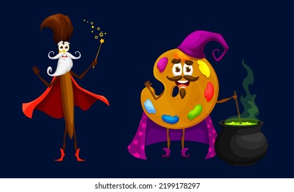 Cartoon school brush and color palette wizard, mage or warlock characters. Isolated vector artist equipment, funny painting tools Halloween personages wear cape and hat cooking potion in cauldron