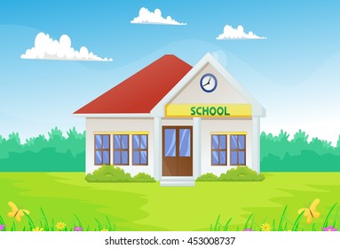 Cartoon school building with green yard