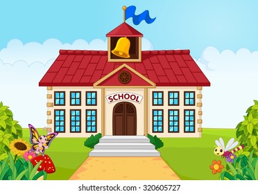 Cartoon school building isolated with green yard