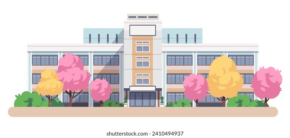 Cartoon school building on isolated background. Flat vector illustration