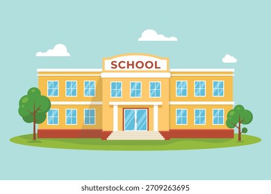 Cartoon School Building vector Illustration with trees in front.