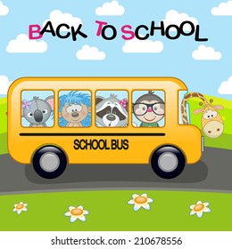 Cartoon school bus with animals