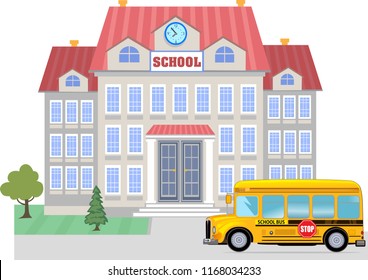 Cartoon school bus and School building