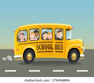 Autobús escolar de caricaturas con niños. Ilustración del vector