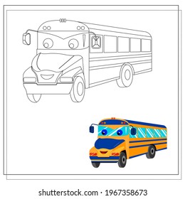 A cartoon school bus coloring book with eyes and a smile. Sketch and color version. Vector illustration isolated on a white background