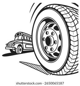 A cartoon school bus is depicted with a large tire in the foreground, rendered in black and white illustration.