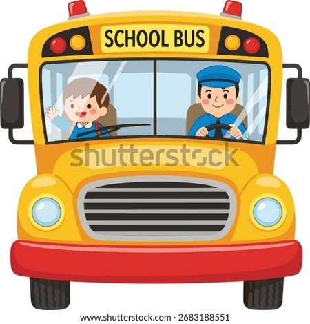 Cartoon school bus front view, child waving, bus driver character, transportation theme, vector art, cheerful scene, white background, education
