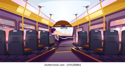 Cartoon school bus interior with driver inside. Empty seats in comfortable public transport, man steering wheel, destination indicated on digital screen. Passenger transportation. Vector