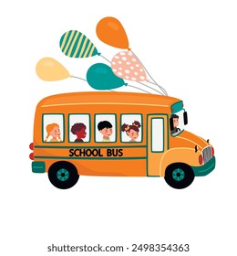 Cartoon school bus with kids and balloons isolated on white background.Happy schoolchildren ride in transport with driver.Vector hand drawn design in color.Back to school and teaching  illustration.