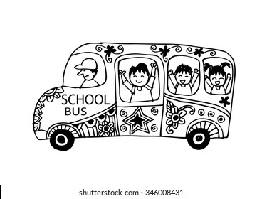 Cartoon school bus with kids - vector illustration.
