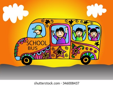 Cartoon school bus with kids - vector illustration.
