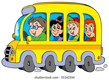 Cartoon school bus with kids - vector illustration.