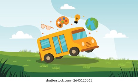 Cartoon school bus moving with supplies floating and sky background