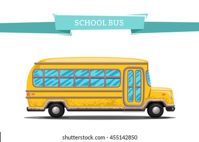 Cartoon School Bus on white. Back to school. Yellow bus with shadow