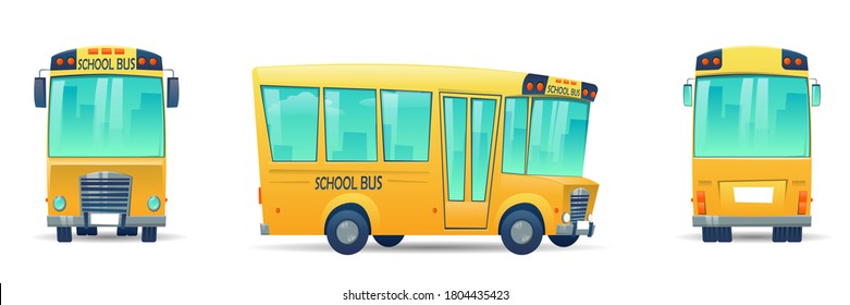 Autobús escolar de caricaturas para alumnos. Autobús amarillo para niños, concepción de la educación. alumno de transporte o estudiante, transporte y automóvil. Ilustración del vector 