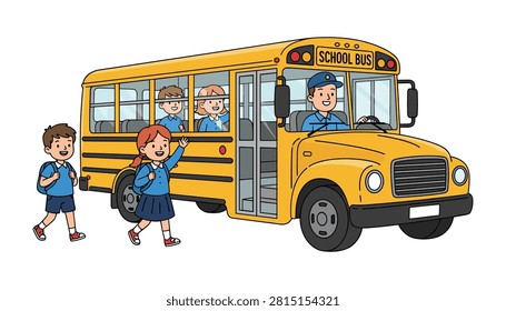 Cartoon school bus with students arriving for morning class children students