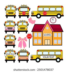 Cartoon school bus yellow color on a white background. School. Pink bow.