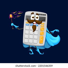 Cartoon School Calculator Wizard, Mage Or Warlock Character. Isolated Vector Funny Office Supply For Counting. Modern Stationery Equipment, Wiz Halloween Personage Wear Cloak With Magic Wand In Hand