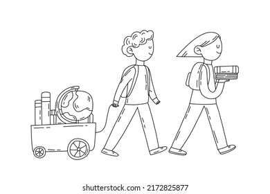 Cartoon school characters go to the school, education concept hand drawn outline black and white illustration isolated on white background.