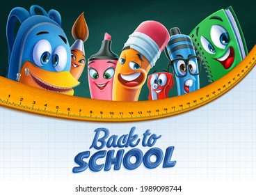 cartoon school characters scene on blackboard background and notebook sheets