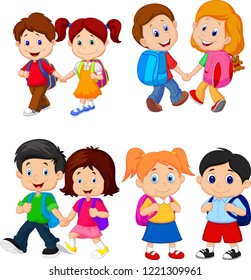 Cartoon school children with backpacks