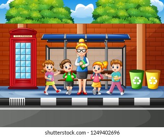 Cartoon of school children in the bus stop with a teacher