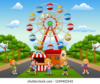 Cartoon of school children having fun at amusement park