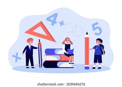 Cartoon school children with huge stationary. Tiny students with compass or divider, pencil and protractor flat vector illustration. Education, math concept for banner, website design or landing page