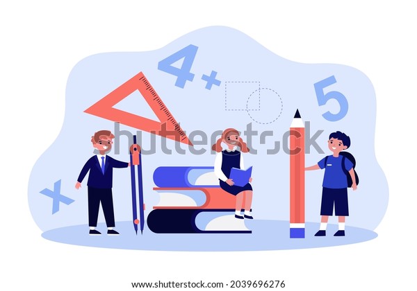 Cartoon school children with huge stationary. Tiny\
students with compass or divider, pencil and protractor flat vector\
illustration. Education, math concept for banner, website design or\
landing page