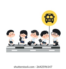 Cartoon School Children Walking to Bus Stop cartoon