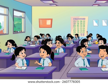 Cartoon School Class Room Background Vector, School Kids in Classroom Illustration