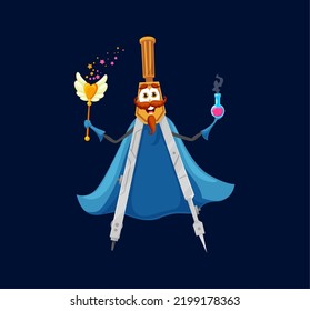 Cartoon school compass pair mage, wizard or warlock character. Vector tool for drawing circles wear blue cape with staff and potion bottle in hands. Isolated divider Halloween personage making spell