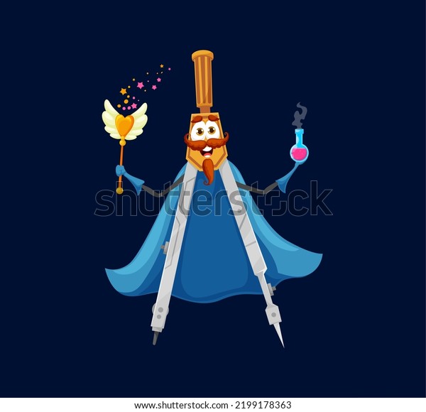 Cartoon school compass pair mage, wizard or warlock\
character. Vector tool for drawing circles wear blue cape with\
staff and potion bottle in hands. Isolated divider Halloween\
personage making spell