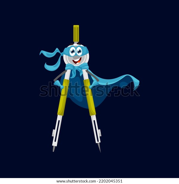 Cartoon school compass superhero character. Vector\
tool for drawing circles, office or engineering supply, stationery.\
Isolated superhero divider personage wear blue cape and mask with\
arms akimbo