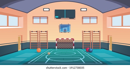 Cartoon School Court. Gym With Basketball Basket And Football Goal Or Gymnastic Equipment. Comfortable Playground For Playing Active Games And Training. Vector Gymnasium Sport Hall For Kids Workout