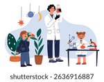 Cartoon school education. Teacher explaining chemistry and conducting experiments with children. Lesson mentor. Test tubes and microscope. Schoolchildren study in chemical laboratory. Vector concept