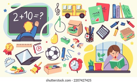 Cartoon school elements set. Yellow bus, chalkboard, pupil learning, books, laptop, textbook, lunch box, pencil, pen, stationery icons. Doodle vector illustration