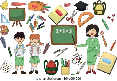 Cartoon school elements. School supplies. Back to school