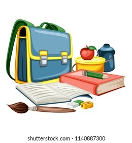 Cartoon School Equipment, Back to School Concept, Vector Illustration  of Backpack, Books, Lunchbox, Eraser and Brush Isolated on White Background. Set of School Stationery Tools, Office Supplies