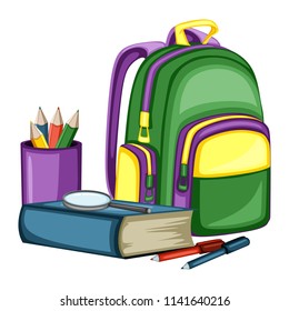Cartoon School Equipment, Back to School Concept, Vector Illustration  of Backpack, Books, Pencil Box, Magnifying  Glass Isolated on White Background. Set of School Stationery Tools, Office Supplies