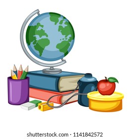 Cartoon School Equipment, Back to School Concept, Globe, Books, Pencil Box, Eraser, Sharpener, Lunchbox Vector Illustration Isolated on White Background. Set of School Stationery, Office Supplies