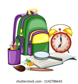 Cartoon School Equipment, Back to School Concept, Vector Illustration  of Backpack, Pencil Box, Book, Alarm Clock,Brush Isolated on White Background. Set of School Stationery Tools, Office Supplies