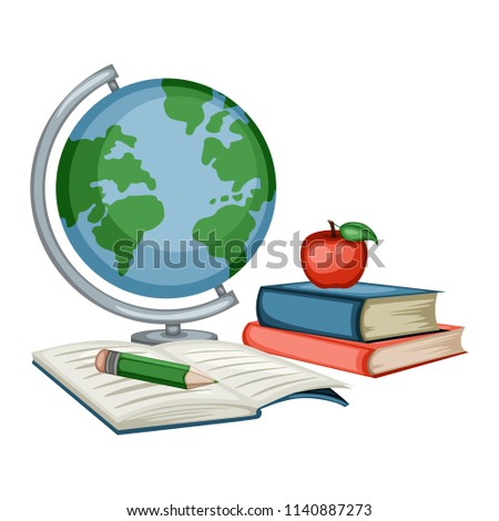 Cartoon School Equipment, Back to School Concept, Globe, Copybook, Books, Pencil, Apple Vector Illustration Isolated on White Background. Set of School Stationery Tools. School and Office Supplies.