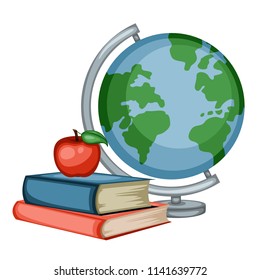 Cartoon School Equipment, Blue and Red Books with Globe and Apple Vector Illustration Isolated on White Background. Set of School Stationery Tools. School and Office Supplies