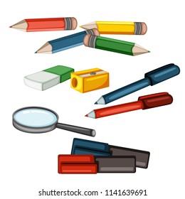 Cartoon School Equipment, Pencils, Pens, Magnifying Glass, Markers, Eraser, Sharpener Vector Illustration Isolated on White Background. Set of School Stationery Tools. School and Office Supplies.