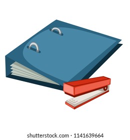 Cartoon School Equipment, Red Stapler and Blue File Folder Vector Illustration Isolated on White Background. Set of School Stationery Tools. School and Office Supplies